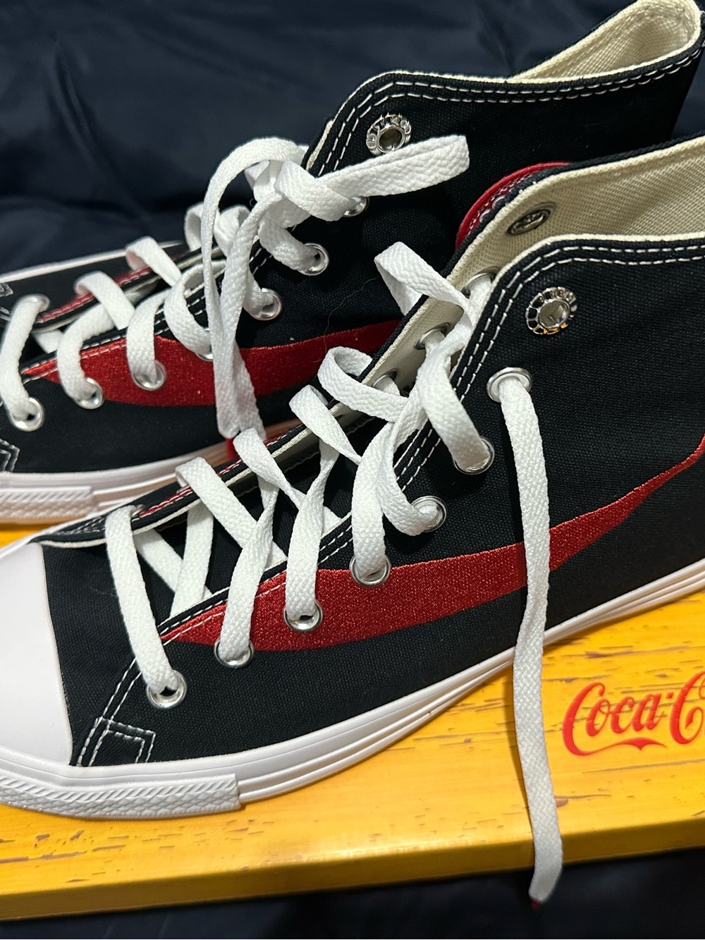 Black Canvas High-Top Sneakers with Red Accent